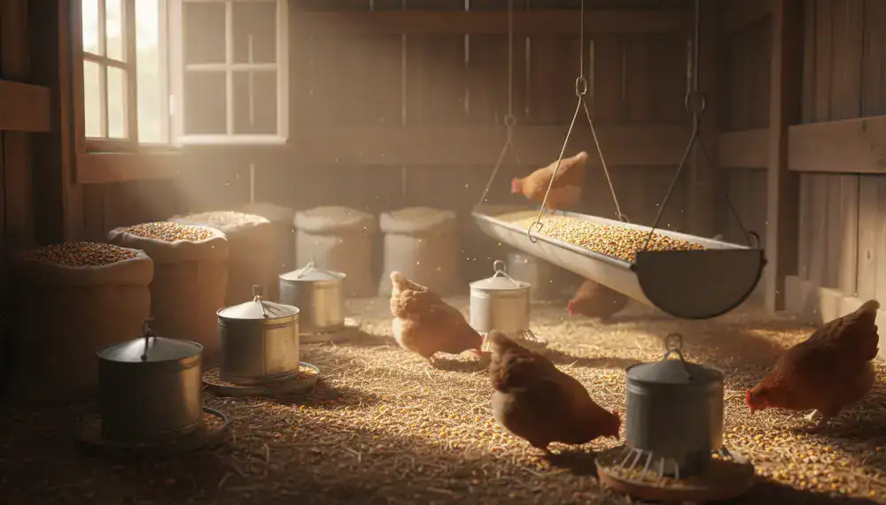 Sacs de graines et mangeoires remplies pour poules