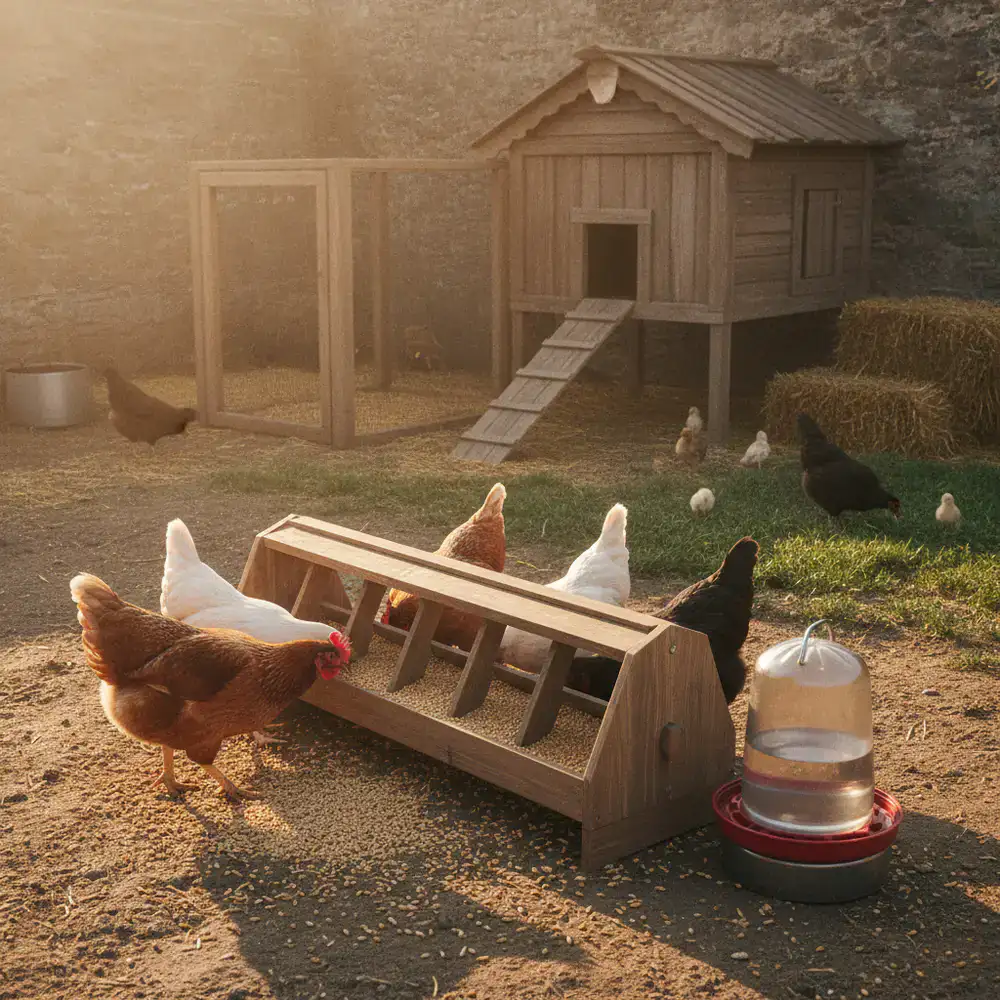 Poules picorant dans une cour avec un équipement adapté